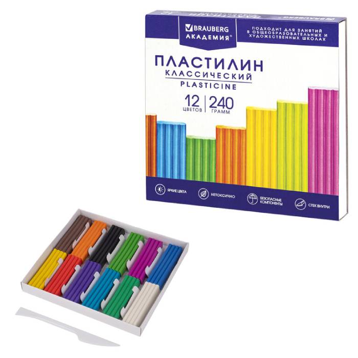 Пластилин 12цв. 240гр. Брауберг Академия (со стеком)(1/32)